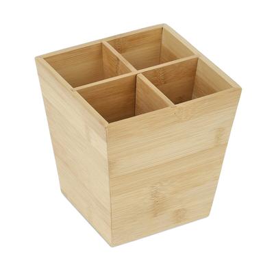 Relaxdays Stiftehalter, Stifteorganizer mit 4 Fächern, Schreibtisch, HBT: 15,5 x 14,5 x 14,5 cm, Bambus Stiftebox, natur