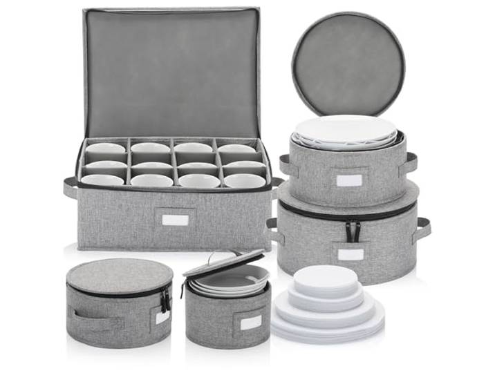 Stack Store Plus More Porzellan-Aufbewahrungs-Set für Teller, Tassen und Tassen, 5-teiliges Set, Hartschale und stapelbar, innen vollständig gepolstert, 48 Trennwände im Lieferumfang enthalten