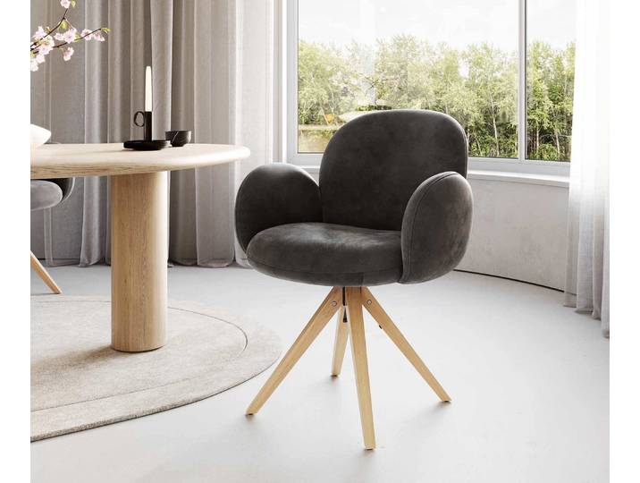 Drehstuhl Nube-Flex mit Armlehnen Mikrofaser Anthrazit Vintage Holzgestell kantig Natur 360° drehbar Taschenfederkern, Esszimmerstühle