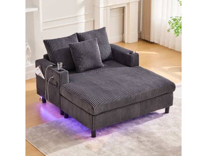 Chaise longue spacieuse - LANGTU - Méridienne LED USB - Velours côtelé - Charge 350 kg - Porte-gobelets
