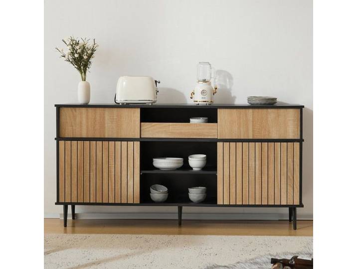 Commode - PAGE Living - 4 portes coulissantes - 1 tiroir - Noir & chêne 160x40x80 cm