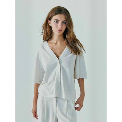 Hemdbluse NORR "NORR Shirt Linne", Damen, Gr. 40, weiß (beige), Obermaterial: 70% Viskose, 30% Leinen, Blusen Hemdbluse