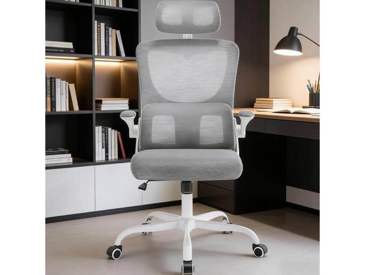 Chaise de bureau ergonomique chaise informatique dossier haut maille respirante appuie-tête réglable gris ORVRYN