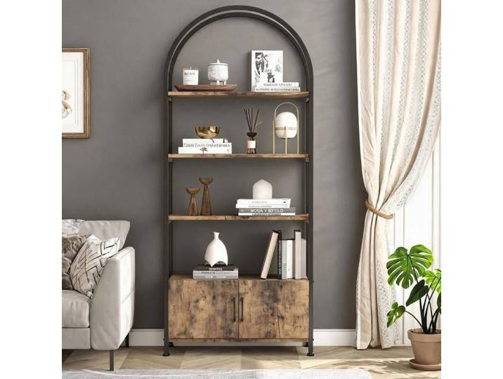 JoyGarden Bibliothèque bureau arquée 181 6 cm style industriel 4 niveaux + armoire 2 portes métal et bois Brown/Noir