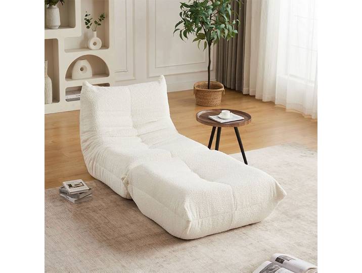 Fauteuil Lounge au Sol avec Repose-Pieds Mousse Haute Résilience Dossier Courbé Sans Accoudoirs - Chenille Beige Sans Montage