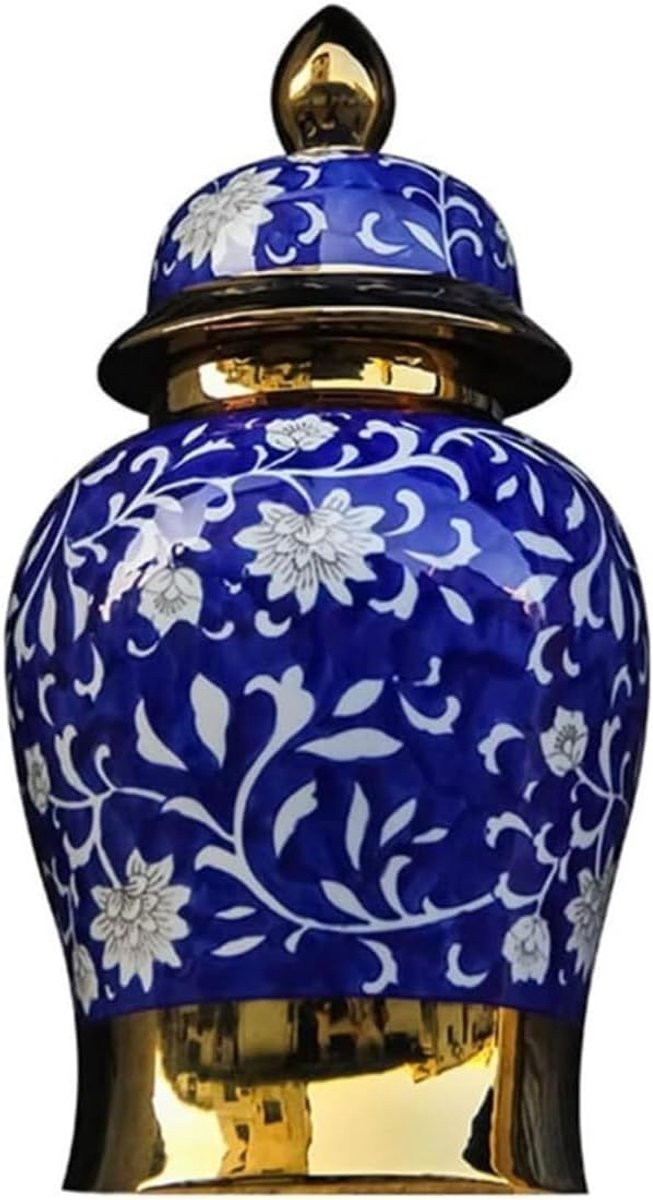 Blauwe handgeschilderde keramische decoratieve vaas met een hoogte van 35 cm