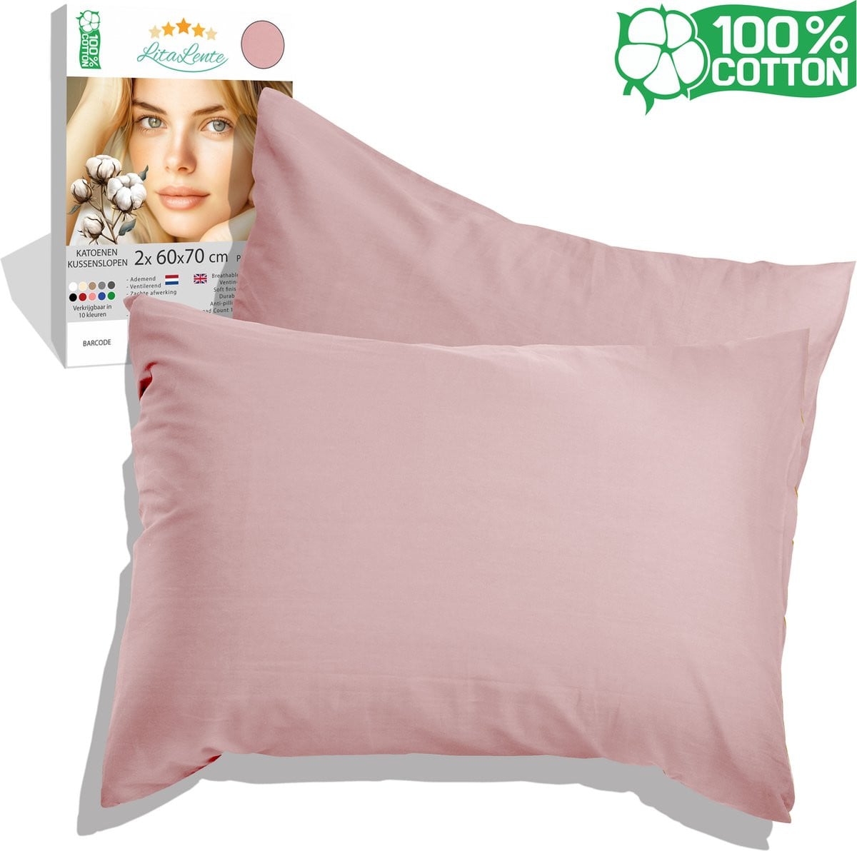 Set van 2 antibacteriële katoenen kussenslopen - Roze - 60x70 cm
