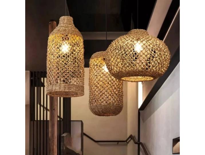 Lampe suspendue rétro tissée en bambou, lanterne d'art japonaise en rotin pour salle à manger, luminaires pour maison de thé