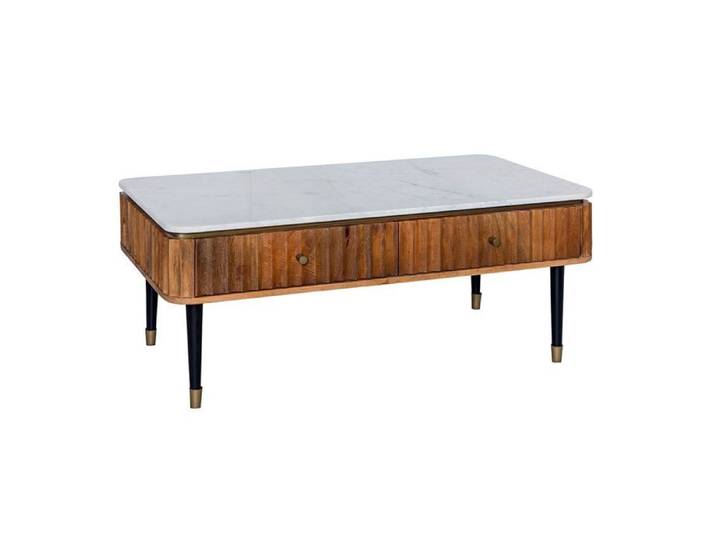 JAMARIS - Table Basse 4 Tiroirs en Manguier Plateau Marbre Pieds Teinté Embout Doré