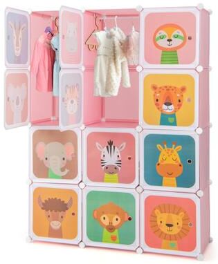 Costway 12 Cube Kids Wardrobe Closet with Hanging Section and Doors-Pink