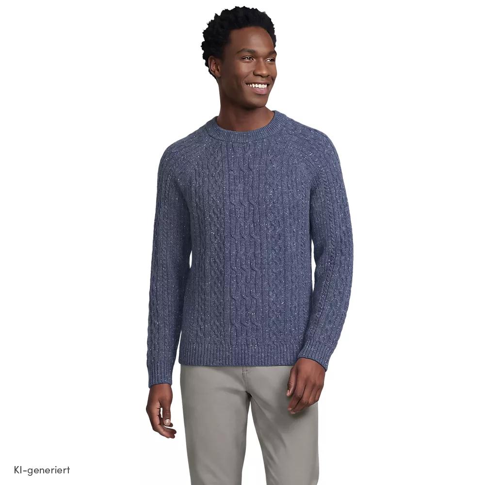 Zopfmuster-Pullover aus Baumwoll/Wollmix, Herren, size: regular, Blau, Baumwoll-Mischung/Woll-Mischung/Nylon-Mischung, by Lands' End
