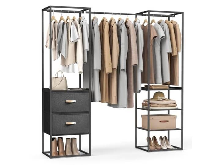 SONGMICS Kleiderständer, 2 Schubladen, 4 Ablagen, ausziehbare Stange Offener Kleiderschrank, hochbelastbar, platzsparend, für Schlafzimmer, Schwarz, BLOCHIC Kollektion RGR003B56