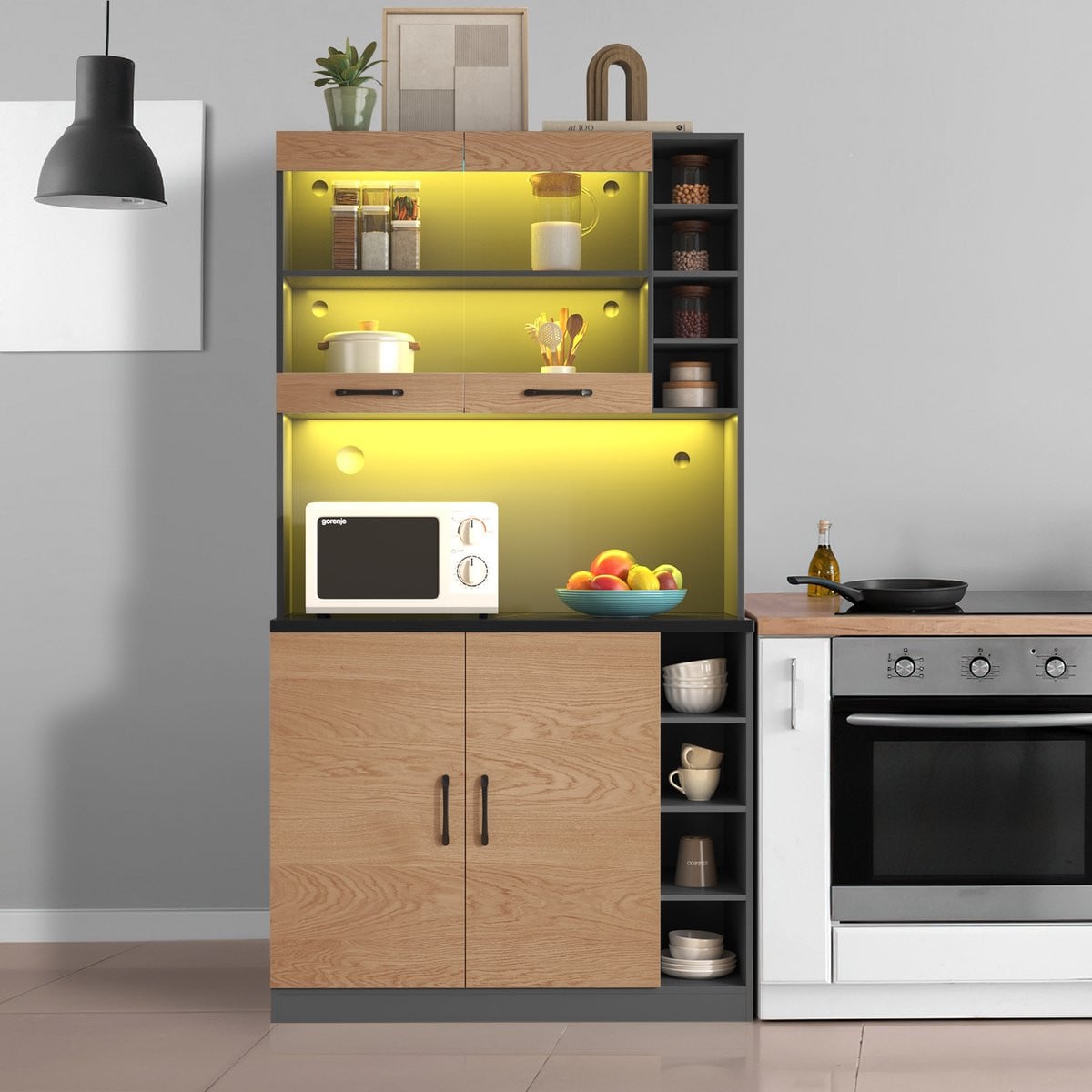 Sweiko Keukenkast Buffet met LED-verlichting en snoergaten, Bruin en Grijs