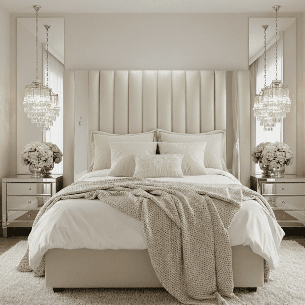 Mira Vanilla Velvet Premium Mirrored Bed, Emperor
