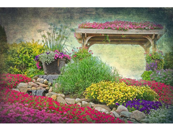 Fototapete PAPERMOON GARTEN-RETRO VINTAGE BLUME PFLANZEN PARK STEINE PERGOLA , bunt, B:3,5m L:2,6m, Vlies, Tapeten, Fototapete