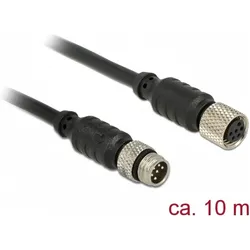 Delock M8 Sensor- / Aktorverlängerungskabel 6 Pin Stecker zu M8 6 Pin Buchse wasserdicht 10 m, Elektronikkabel + Stecker, Schwarz