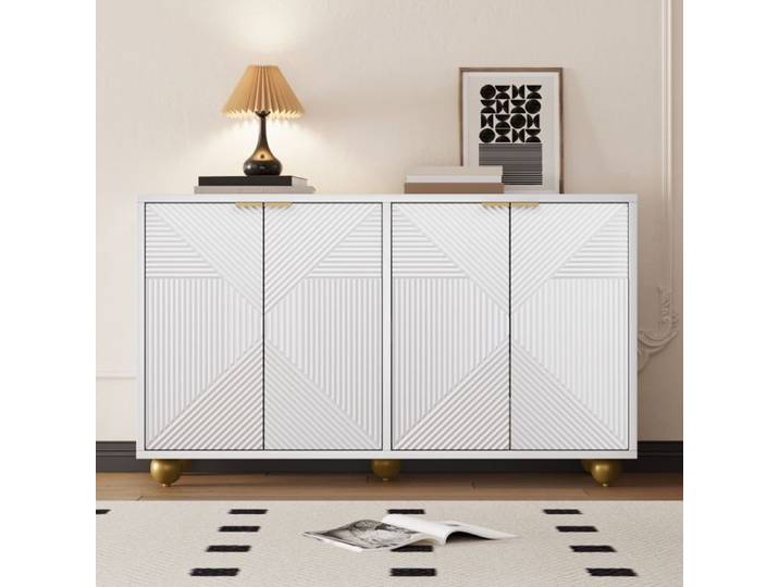 Buffet Bas - 4 Portes Motif Géométrique avec Pieds Boule Dorés - Bahut Moderne Blanc