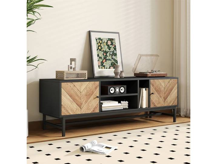 Meuble TV 150 cm comprenant des armoires à compartiments - SWEIKO - Noir+Naturel