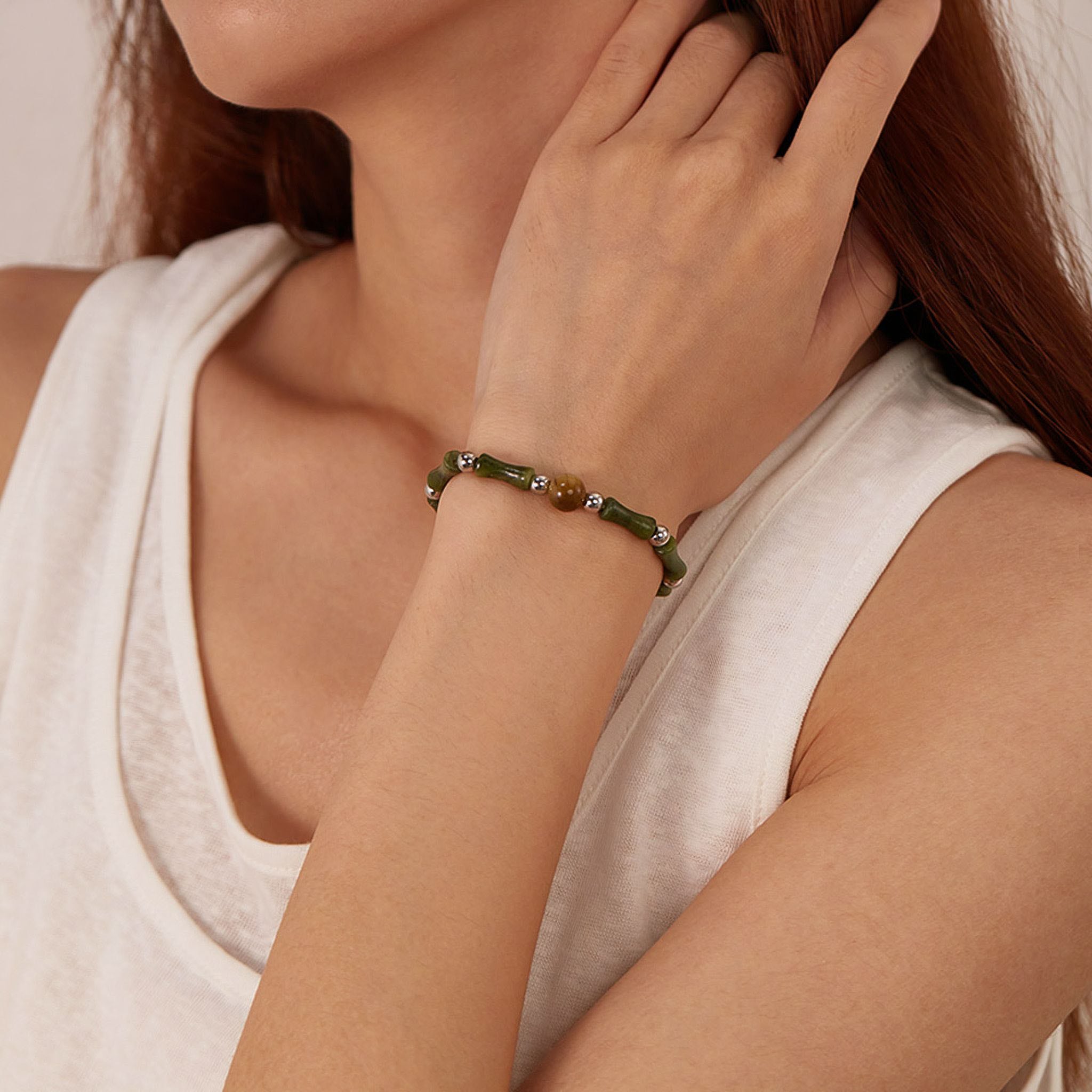 Armband FIRETTI "Schmuck Geschenk Edelstahl Armschmuck Erbskettengliederung Natursteine", grün (edelstahlfarben, braun, oliv, braun, oliv), Armbänder, Damen, 20cm, Edelstahl, Armband, mit Jade, Tigerauge