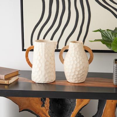 ARCILLA ELEMENTAL Beige Paper Mache Honeycomb Inspired Jug Decorative Vase with Brown Wooden Handles (Set of 2)