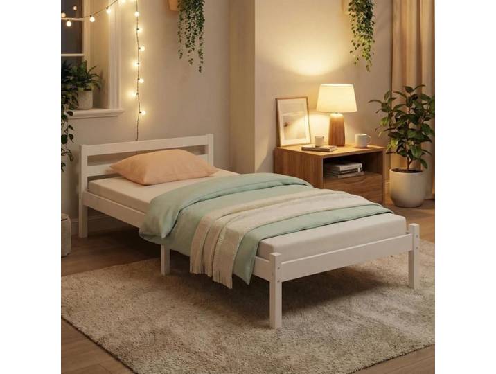 Lit simple - FURNITURER - Firenze White A - Bois de pin massif - Sommier à lattes - Design minimaliste blanc