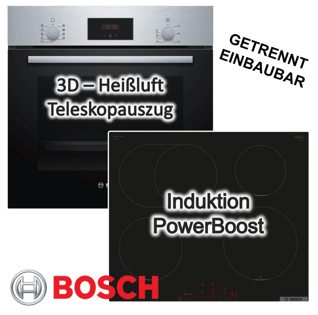 Herdset BOSCH Backofen Teleskopauszug 3D-Heißluft + Induktionskochfeld Booster autark 60 cm