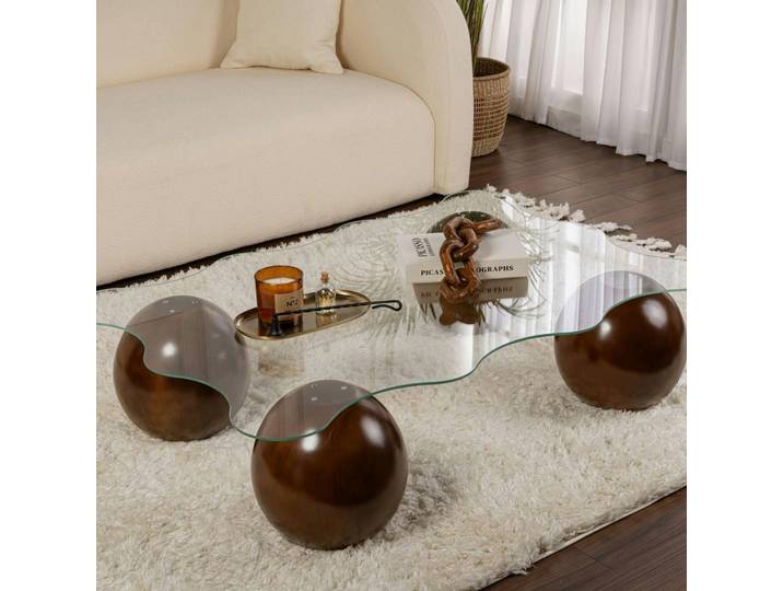 Table basse design organique en verre, pieds boule KOCHI - Verre transparent