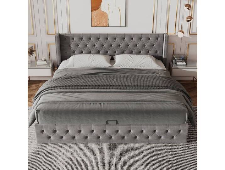 Lit capitonné - Chesterfield - 140x200 cm - Rangement hydraulique - Velours gris