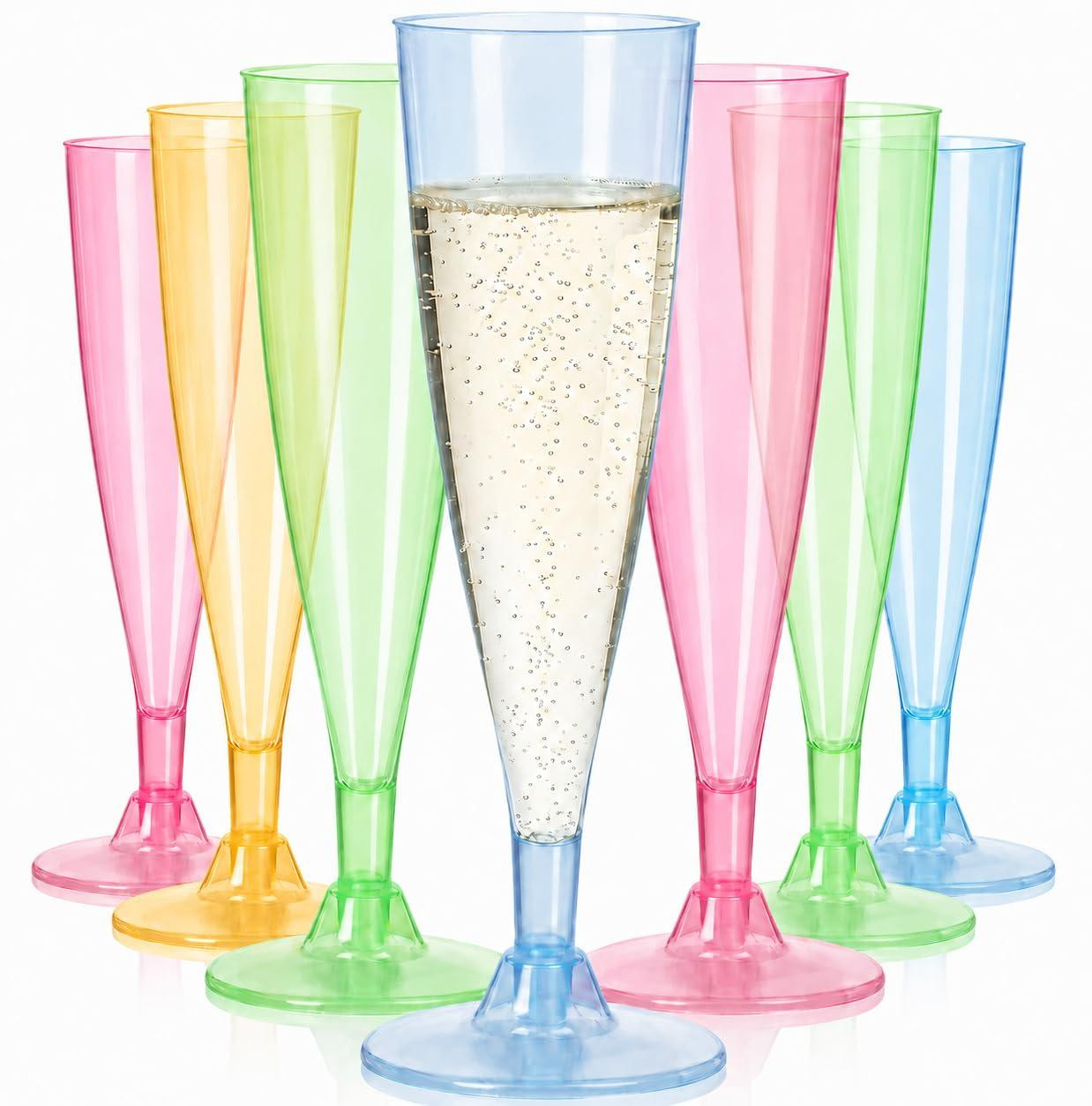 Dripio Set van 24 herbruikbare plastic champagneglazen, 130 ml, regenboogkleuren
