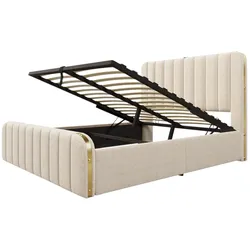 OKWISH Polsterbett Leinen Beige 216x170x101 cm, 160x200 cm Liegefläche, hydraulischer Stauraum, USB- und Typ-C-Anschluss