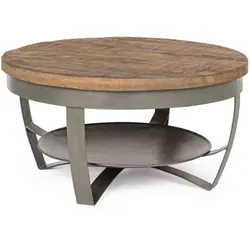 Couchtisch Narvik aus Mangoholz, rundes Industrial Design, natur, Metallgestell grau, Ø 65 cm