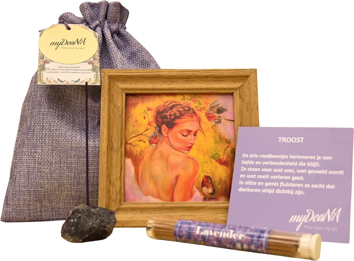 Zakje Troost Spiritueel Cadeauset met Mini Artprint Roodborst, Amethist Wierookhouder en Wierook