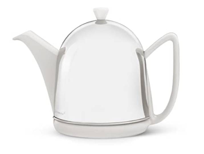 Bredemeijer kleine weiße glänzende Keramik Teekanne 1.0 Liter mit Edelstahlhaube