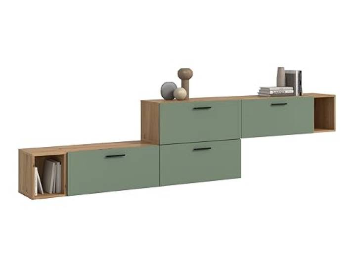 xonox.home – Wohnkombination The One 276x97x34 cm in Artisan Oak und Smoke Green – Breite TV-Wand mit 4 Klappen – 10 Fächer inklusive offener Bereiche bieten Stauraum im angesagten Natur-Look