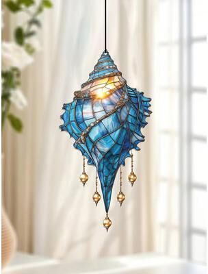GlowBake Blue Acrylic Conch Shell Window Suncatcher, Coastal Beach House Hanging Ornament, Garden Pendant, Home Decor Accent Blue Acrylic Conch Shell Window Suncatcher, Coastal Beach House Hanging Ornament, Garden Pendant, Home Decor Accent