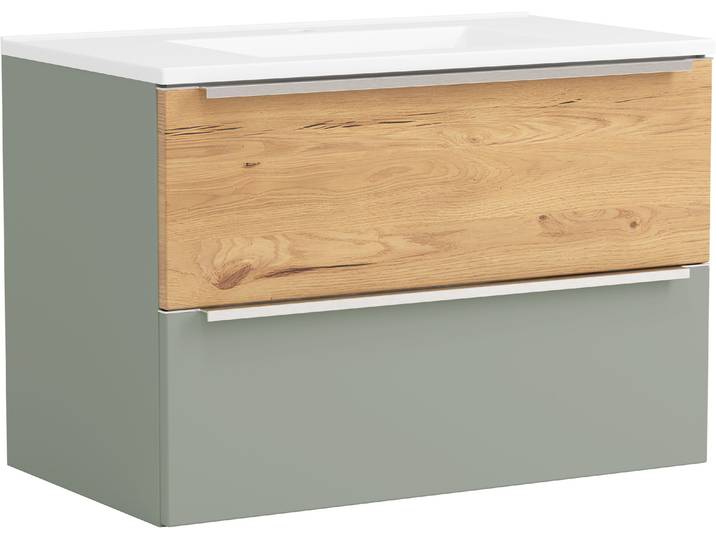 Waschtisch WELLTIME TRIENT, Softclose-Auszüge, Mineralgussbecken , schilfgrün, wildeiche, schilfgrün, B:80cm H:54cm T:47cm, Waschtische, Waschtisch, schilfgrün/wildeiche, Mineralgussbecken