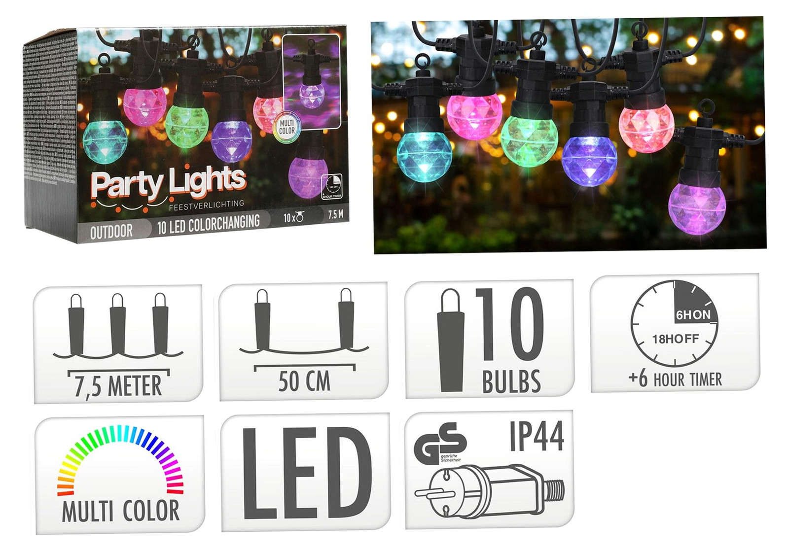 Party Light&Sound Lichtketting met 10 gekleurde LED-bolletjes