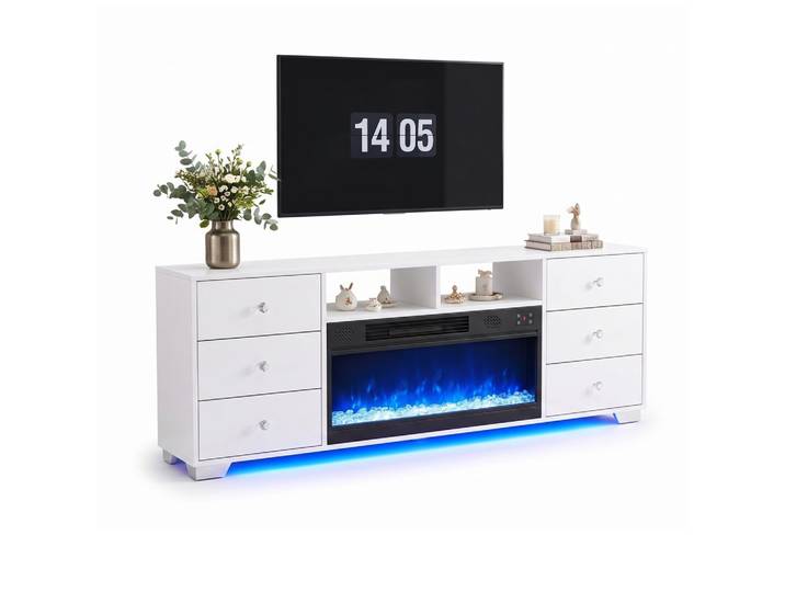TV-SCHRANK mit Elektrokamin Beleuchtung RGB Lowboard 6 Schubladen 180/40/65CM