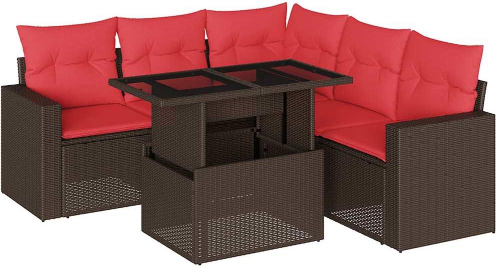 Modulares Gartensofa-Set, 6-teilig, verstellbarer Tisch, Polyrattan, braun, mit roten Kissen, UV-beständig
