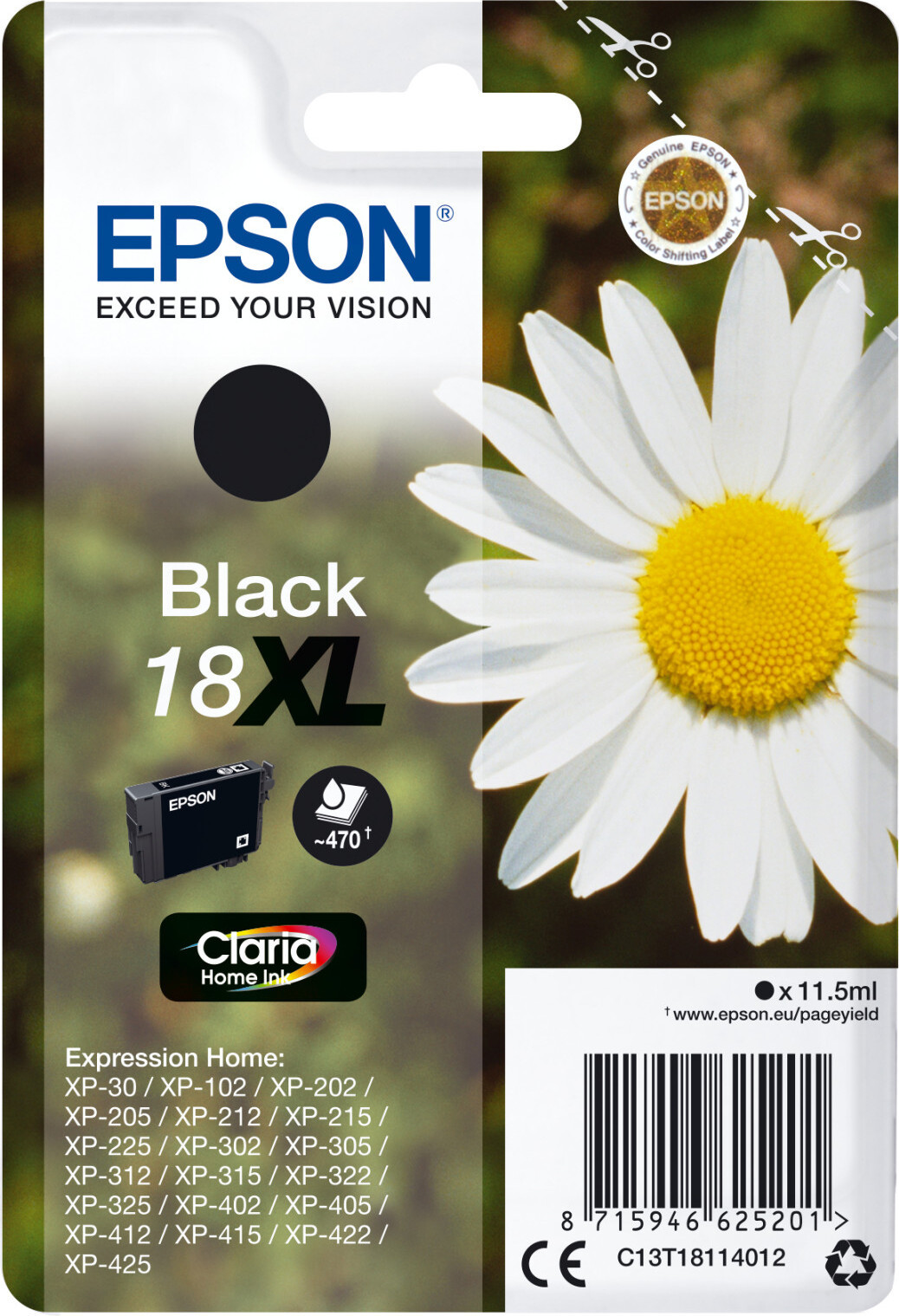Epson Daisy Inktdoos 18XL Margriet Claria Home Black, hoge capaciteit, zwart, pigmentinkt, 11,5 ml, 1 stuk, 470 pagina's