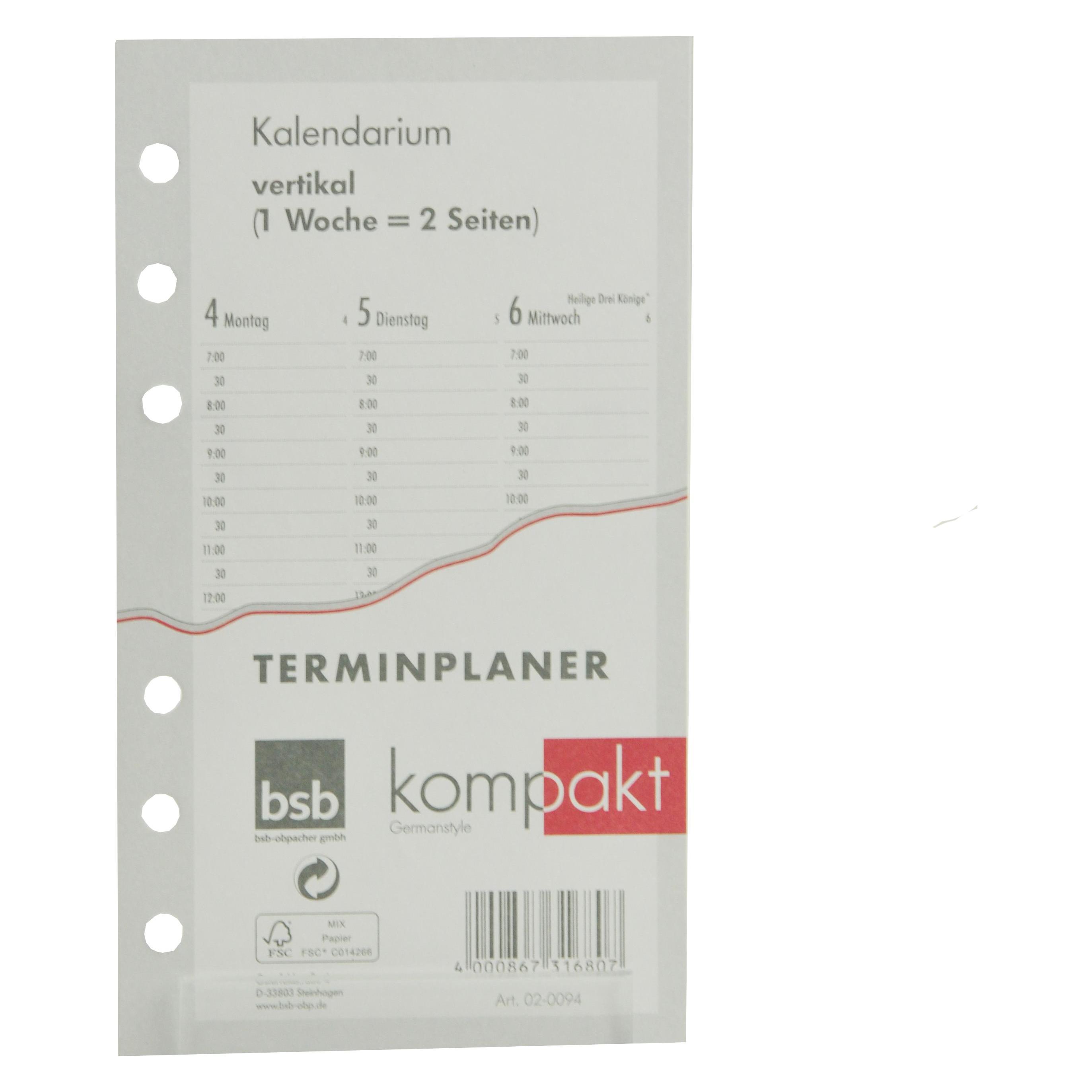 BSB-Obpacher Kalendarium für Timer ca. A6 1Woche/2Seiten (A6, 1 Woche / 2 Seiten) (02-0094)
