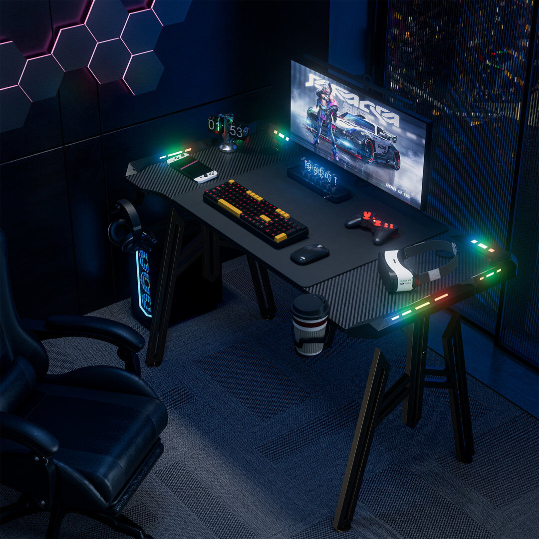 Metro LED Gaming Desk, Gaming Table, Computer Desk with Drink Holder and Headphone Hooks, PC Table, Gamer Table, Gaming Table with Carbon Fibre Coating, M-F Black 140x60cm