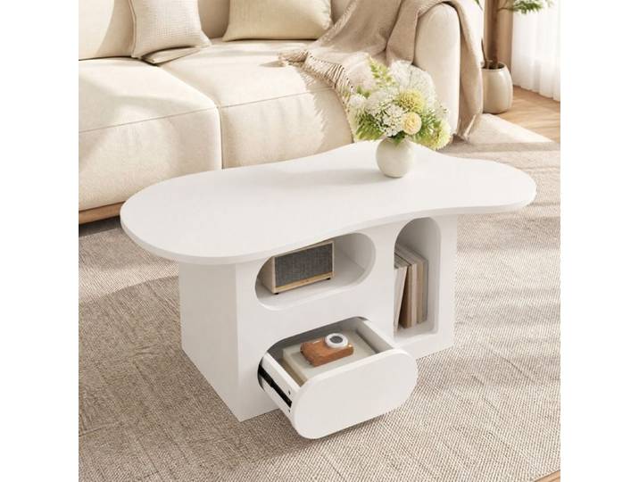 Table basse – design nuage – avec tiroir et rangements ouverts – blanche – 97 cm