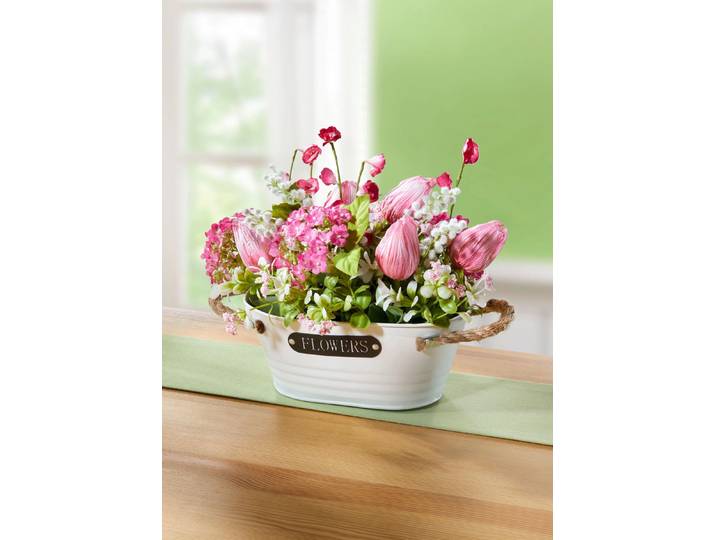 Tulpen-Gesteck in Topf, Rosa-Grün-Weiss