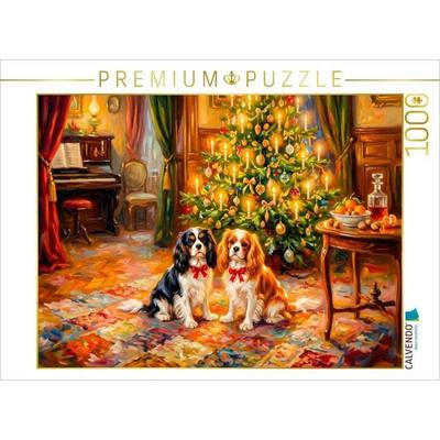 CALVENDO Puzzle Zwei Spaniel unterm Weihnachtsbaum Impressionistisch | 1000 Teile Lege-Größe 64x48cm Foto-Puzzle für glückliche Stunden