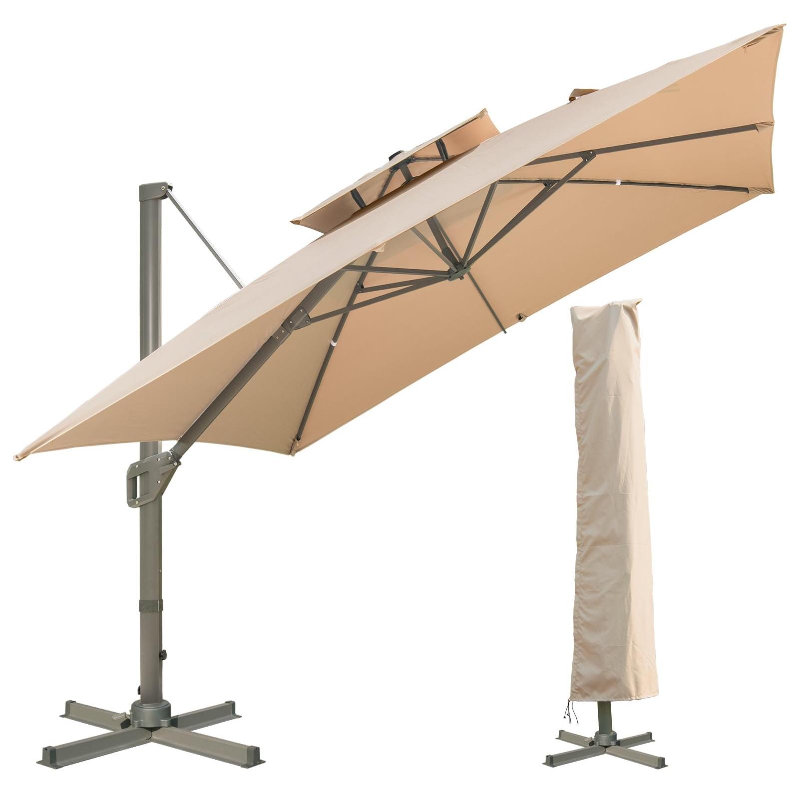Quadratischer Sonnenschirm 300 x 300 cm mit Ständer und Kurbel, großer Ampelschirm, 360° neigbar und drehbar, windfest, wasserdicht, Marktschirm für Garten, Terrasse und Außenbereich, khaki