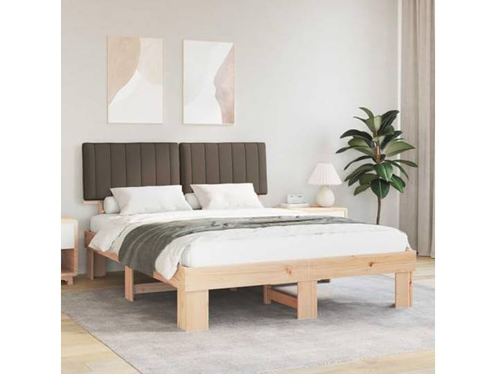 RJPLMFV Bettgestell, Kiefer, massiv, mit gepolstertem Kopfteil, Taupe, 160 x 200 cm