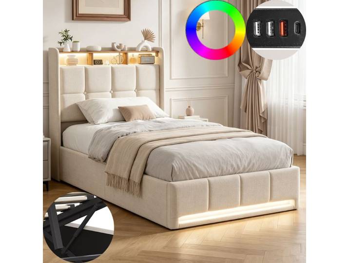 lit 90x200 cm avec led et usb lit coffre 90x200 avec coffre de lit et sommier à lattes tissu en lin beige