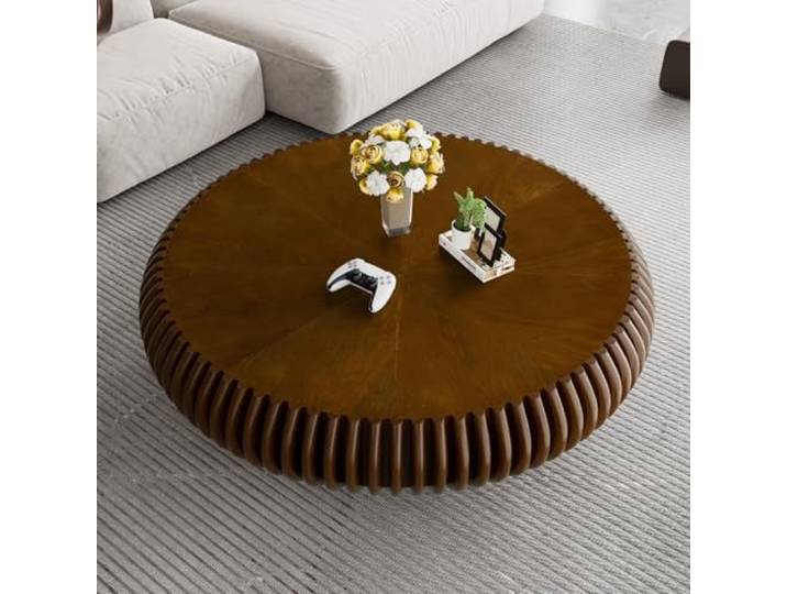 DAXUESEH Couchtisch aus Walnussholz, rund, 100 cm, modern, einzigartig, geriffelt, Mitteltische mit Sockel, handgefertigter runder Beistelltisch für kleine Wohnungen