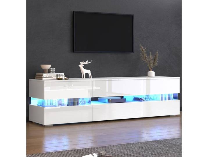 Meuble TV - SENVIRO design moderne facade brillante eclairage led 160x39x45 cm blanc